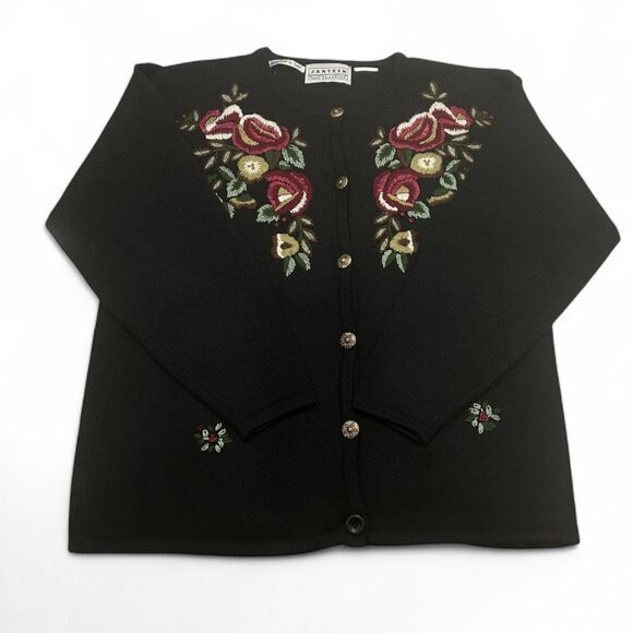 Vintage Wool Cardigan Black Floral Embroidered Sweater 90s Cottagecore Academia - Picture 1 of 5